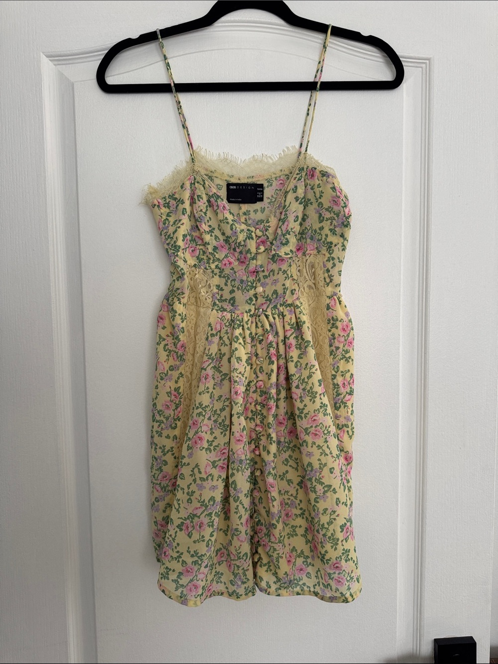 Asos Yellow Floral Lace-Trim Spaghetti-Strap Dress